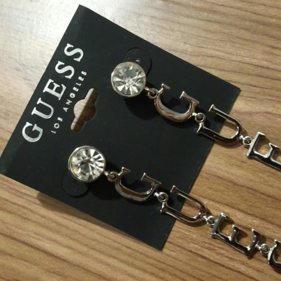 GUESS SILVER TONE LOGO EARRINGS - Picture 3 of 5